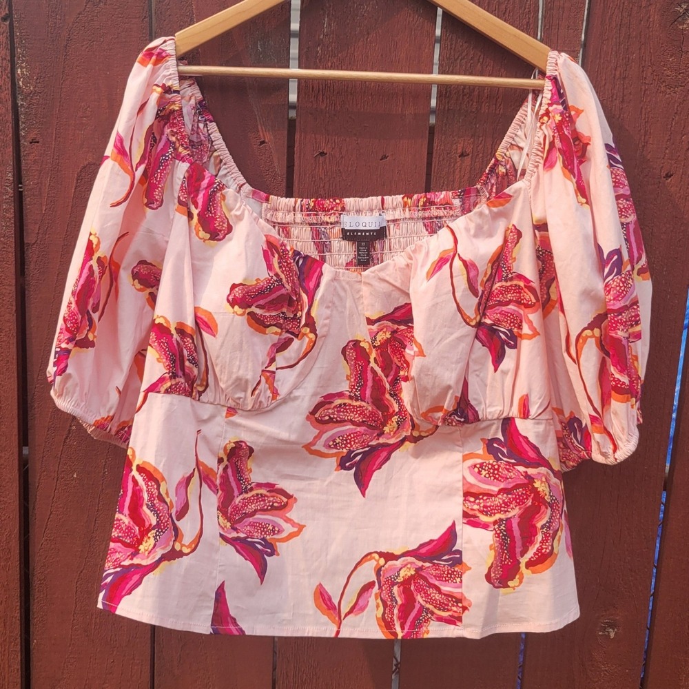 Eloquii Elements Pink Floral Puff Sleeve Square Neck Smocked Back Top Sz 22 NWT